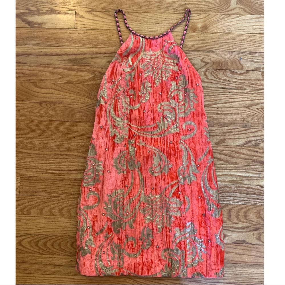Free People Coral & Gold Jacquard Mini Dress